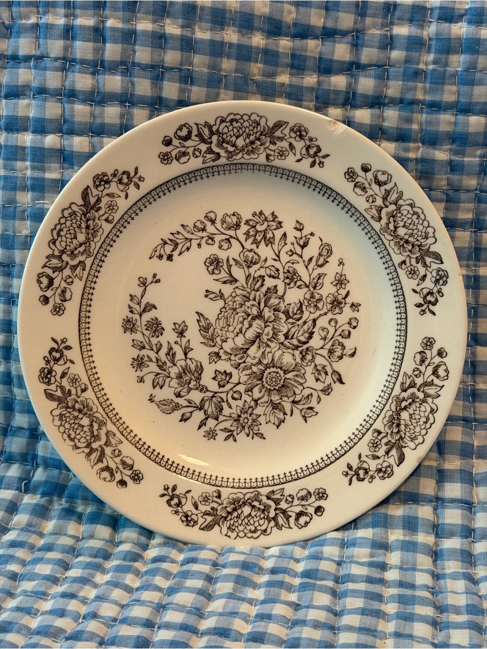 Ceramic Dinner Plate White Brown Floral Round Glossy 7.5in Impressed Backstamp